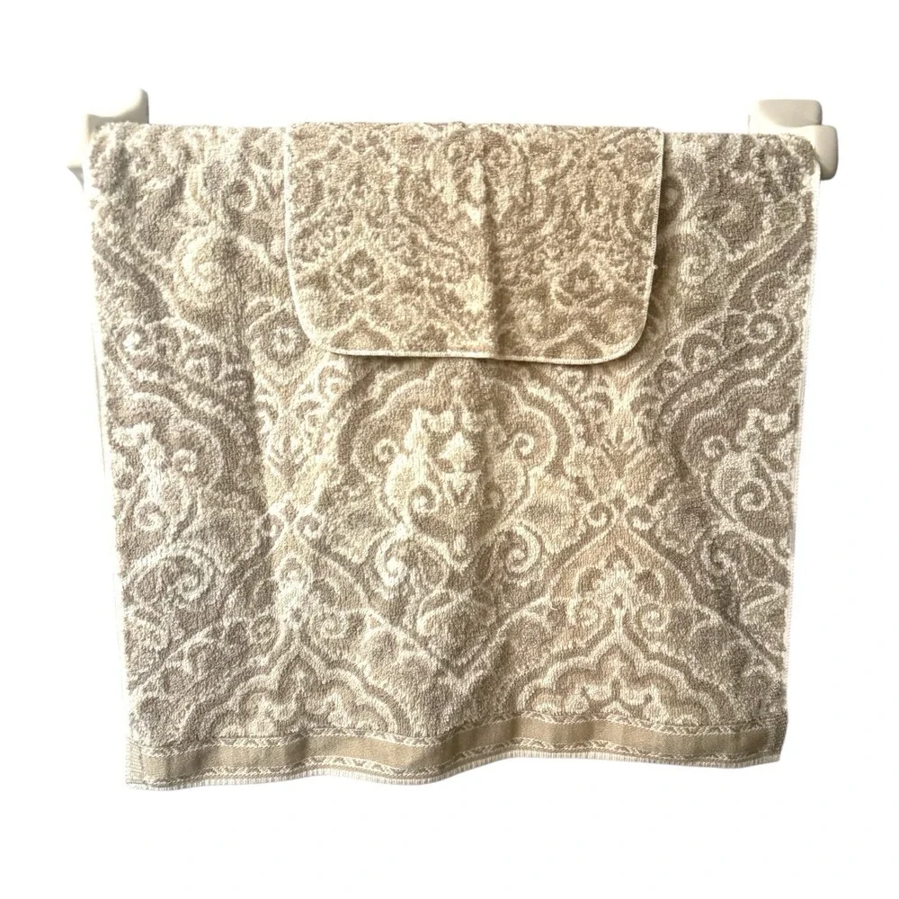 Vintage Fieldcrest MCM Traditional Towel Set USA 100%‎ Cotton Brown Damask 80s